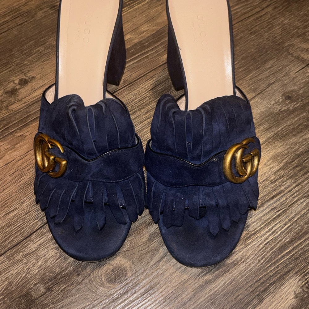 Gucci Women's Dark Blue Fringe Mules with Gold Accent